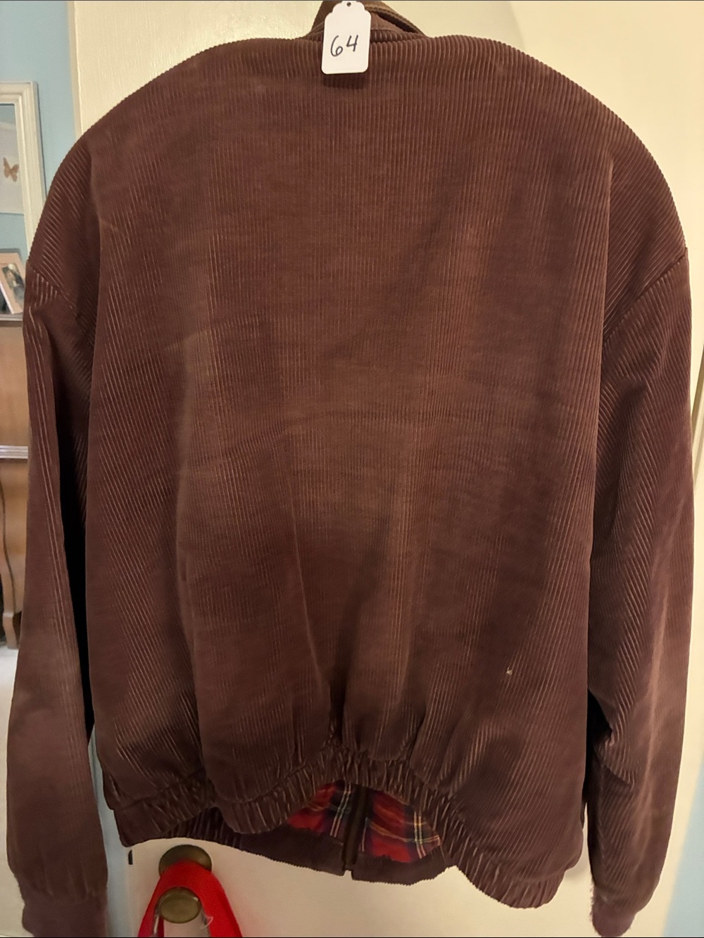 L.L. Bean Brown Corduroy Bomber Jacket with Plaid Lining - Picture 2 of 5